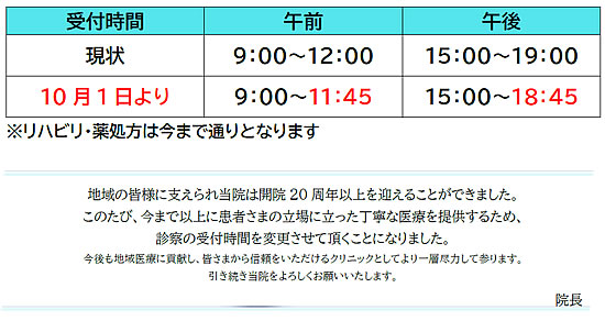 診察の受付時間変更